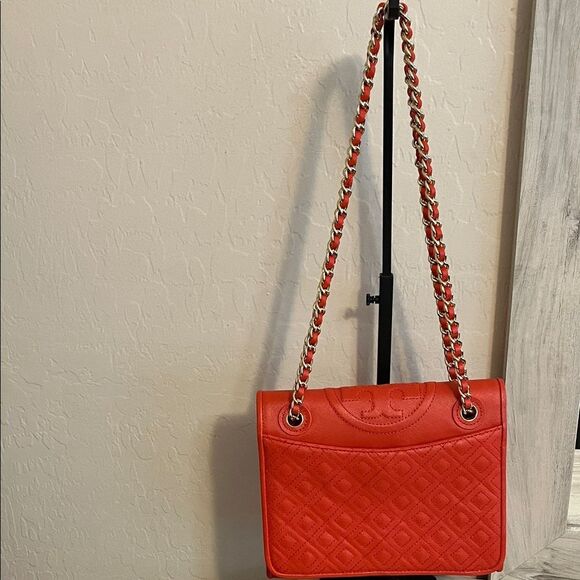 Tory Burch Fleming Quilted Leather Chain Red Orange Shoulder Purse Bag Boho - Picture 3 of 16
